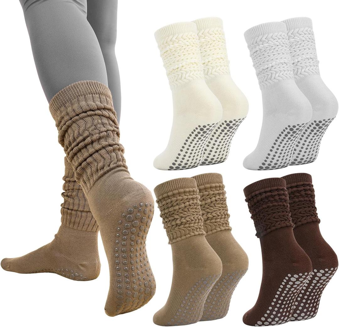 Jspupifip 4 Pairs Pilates Socks with Grips for Women, Long Slouch Non Slip Yoga Scrunch Socks for Barre Hospital Workout (Beige, Coffee, Khaki, Light Gray)
