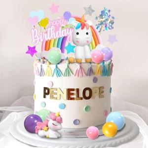 18 PCS Unicorn Cake Topper, Unicorn Rainbow Cake Decorations with Rainbow Stars Unicorn Foil Firework Balls Happy Birthday Cake Decorations (Style 1)