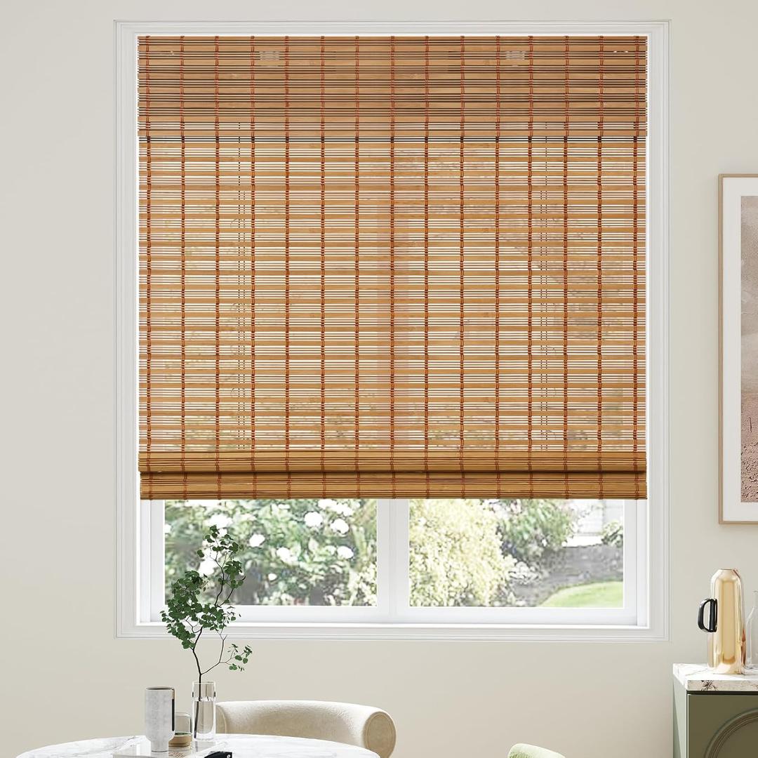 Bamboo Roman Shades with Valance Cover, Cordless Blinds for Indoor Windows, Light Filtering Woven Wood Shades for Home & Patio, Privacy Protection, 28" W x 64" H, Carbonized