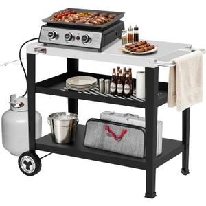 Royal Gourmet PC3404S Rolling Dining Table with Trash Bag Holder, Outdoor Garden Patio BBQ Kitchen Food Prep Table Cart, 34"L x 20"W Stainless Steel Tabletop, Silver & Black