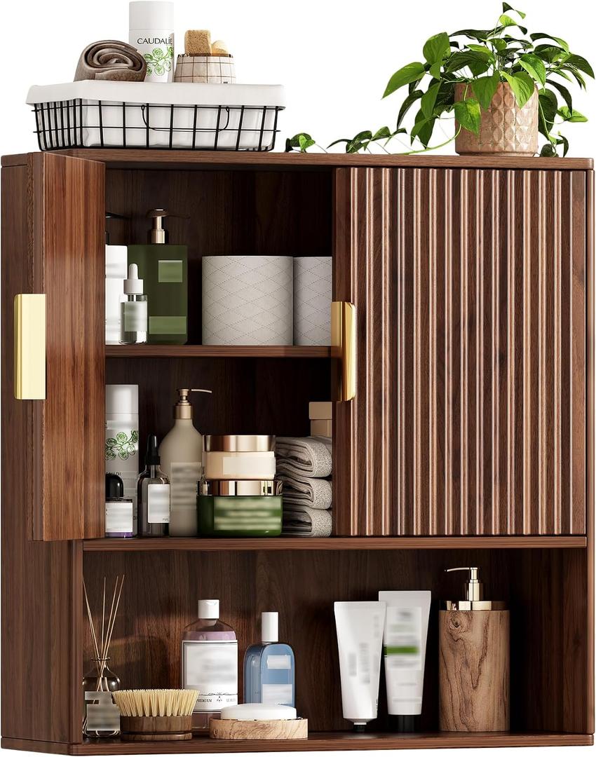 Bathroom Wall Storage Cabinet, Over the Toilet Storage Cabinet with Fluted Doors & Adjustable Shelf, Wood Medicine Cabinet Wall Mounted for Bathroom, Laundry Room & Kitchen, Natural Oak