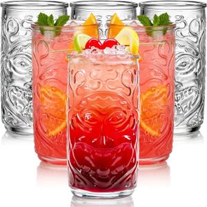 6 Pack Tiki Glasses, 18 OZ Clear Tiki Cocktail Cups, Exotic Tropical Shot Drink Mug, Old Fashioned Hawaiian Party Glasses, Mixed Drinking Tumbler for Tiki Bar, Lemonade, Ice Tea