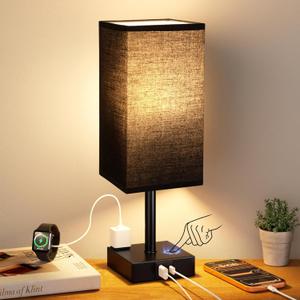 aooshine Black Bedside Lamp for Nightstand - Touch Table Lamp with Type C + A and AC, Outlet Square Charging Lamps for Bedroom Decor, Dorm Lamp for Men, E26 Bulb Included (3000K)