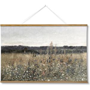 ARPEOTCY Extra Large Vintage Framed Wall Art, 36x54 Inch Flower Meadow Landscape Hanging Framed Wall Art Decor for Living Room Bedroom, Canvas Prints, Retro Scenery Pictures Above of Bed