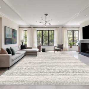 9x12 Washable Area Rug - Stain Resistant Machine Washable Floral Abstract Rug, Soft Thin Non-Shedding Carpet with No Slip Backing for Living Room Bedroom - Ash Grey (9'x12')