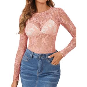 OFEEFAN Womens Mesh Tops Lace Long Sleeve Shirts Crewneck Slim Fitted Outfits See Through Blouses (XX-Large, Coral)