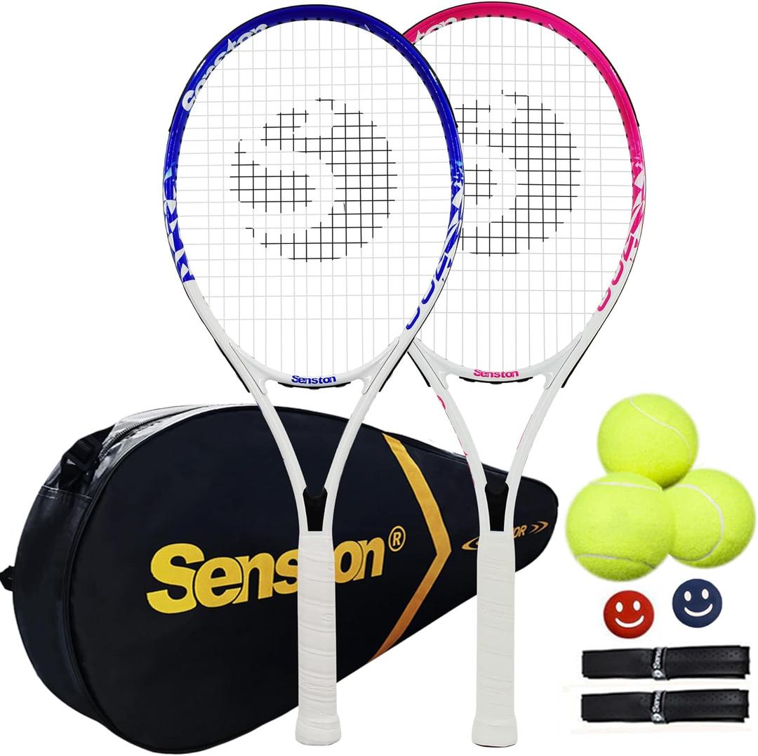 Senston Tennis Rackets for Adults 27 inch Tennis Racquets - 2 Player Tennis Racket Set with 3balls,2 Grips, 2 Vibration Dampers (pink+blue)