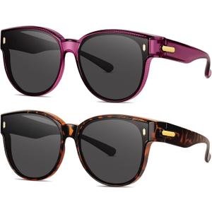 Polarized Fit Over Glasses Sunglasses for Women Stylish Oversized Cover Round UV400 Cat Eye Shades for go out Driving (leopard Print/Black+purple/Black)