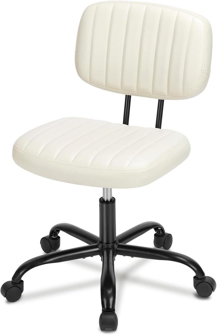 Office Chair, Swivel Rolling PU Leather Vanity Chair with Back Lumbar Support Height Adjustable Computer Chair, Small Desk Chair for Home Office (Beige White)