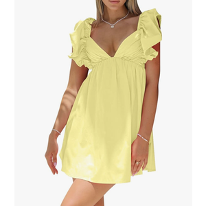 hibshaby Womens Sexy Deep V Neck Ruffle Sleeve Mini Dress Backless Lace Up Summer Dresses M