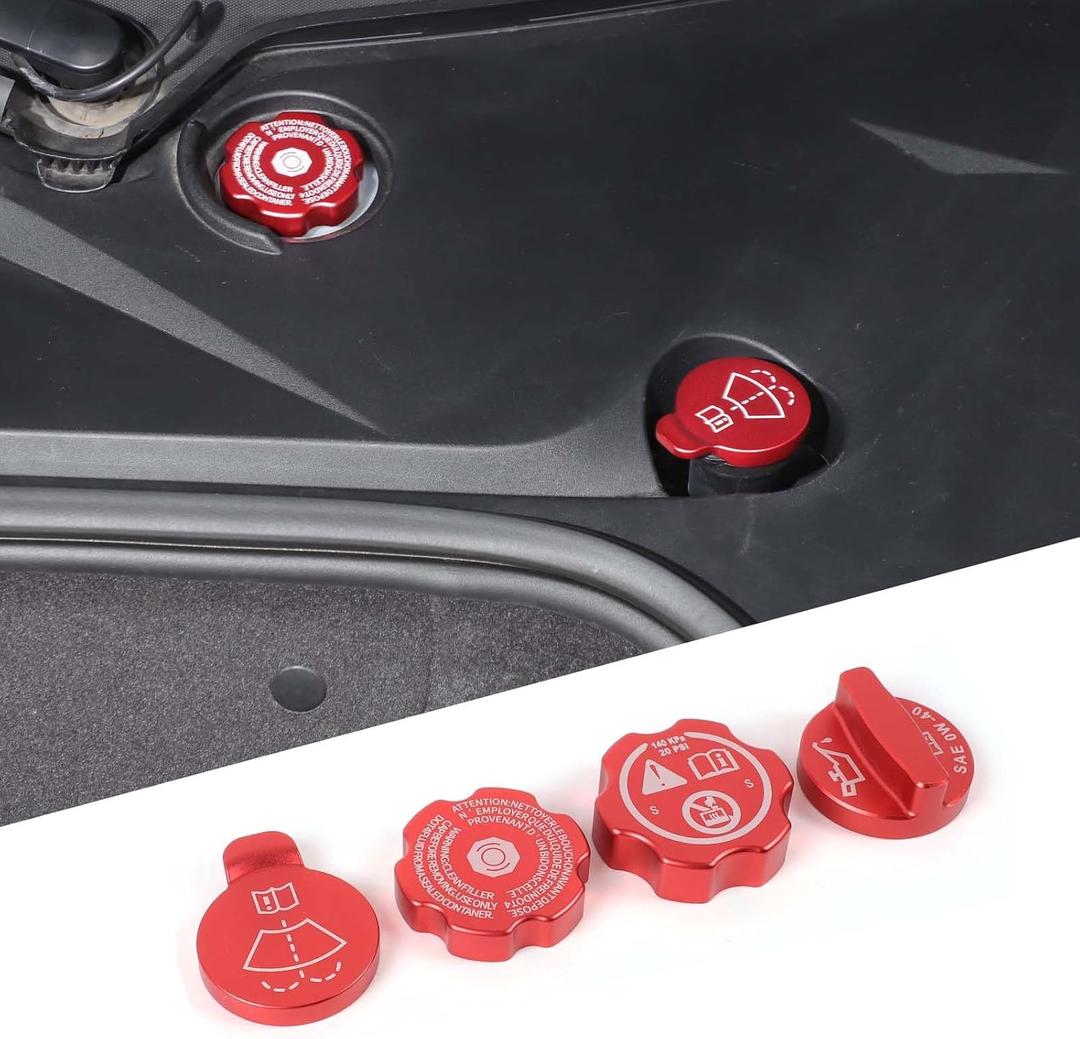 Engine Oil Filler Cap Coolant Cap Compatible with Chevrolet Corvette C8 2020-2025, Aluminium Brake Fluid Cap Windshield Wiper Switch Cover Trim Kit Accessories 4Pcs (Red)