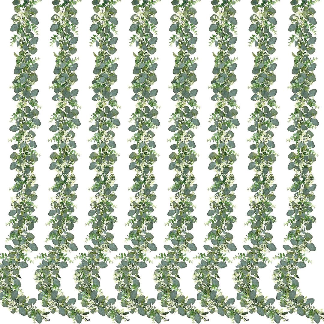 Sggvecsy 8 Pack Artificial Eucalyptus Garland Eucalyptus Leaves Vines Greenery Garland Faux Silver Dollar Eucalyptus Leaves for Table Party Wedding Indoor Outdoor Home Mantle Wall Decor, 8PCS
