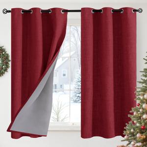 YoungsTex Burgundy Linen Blackout Curtains 48 Inches Long for Bedroom, Thermal Insulated Black Out Drapes with Grommet Light Blocking for Living Room Window, 2 Panels, 42 X 48 Inch