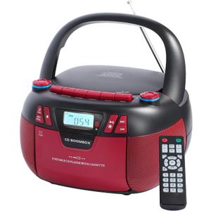 Boombox CD Player with Bluetooth and Cassette Player | Portable AM/FM Radio, MP3/USB/AUX Input, Stereo Sound System with Recorder, AC & Battery Powered for Home & Outdoor (Red)