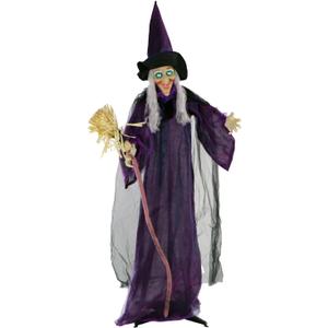 Haunted Hill Farm Life-Size Scary Talking Witch with Broomstick, Halloween Animatronic with Touch Activated Lights and Sound, Battery Operated Indoor or Covered Outdoor Halloween Decorations