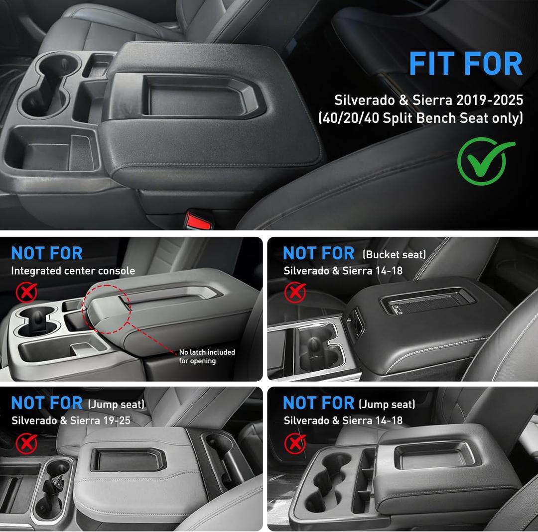 Center Console Cover For 2019-2023 Chevy Silverado, GMC Sierra 1500 2500 3500 Models Accessories Armrest Lid, 40/20/40 Jump Seat, Vinyl Leather Middle Console Protective Cover Lid, Anti-Scratch