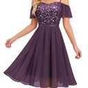 MUADRESS Bridesmaid Wedding Guest Dress Off-The-Shoulder Sparkly Lace Cocktail Prom Party Dresses for Teens Grape, L