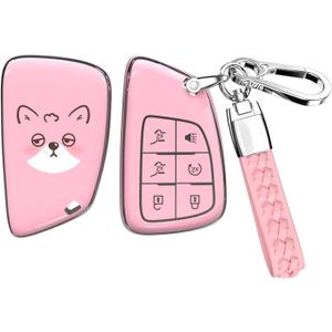 ACEBOY for Buick Key Fob Cover, Soft TPU Case with Metal Braided Rope Keychain for Buick Avenir Envision Encore Chevrolet Suburban Tahoe Blazer EV Colorado GMC Yukon Denali Sierra (Pink,6 Buttons)