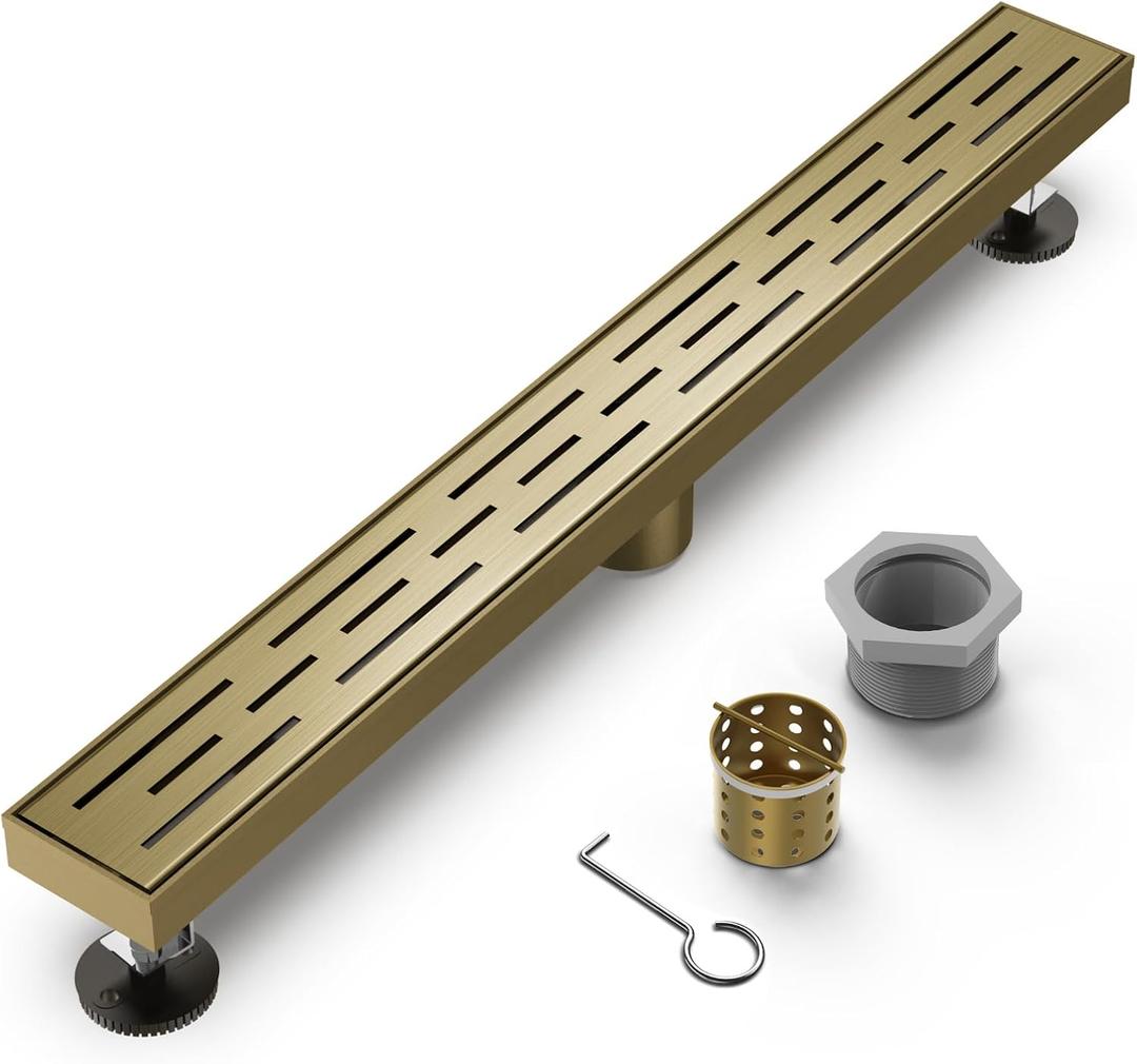 Brushed Titanium Gold Shower Drain 28 Inch, 304 Stainless Steel Linear Shower Drain with Removable Brick Pattern Grate - Adjustable Rectangular Shower Floor Drain with Hair Strainer, Linear Drain