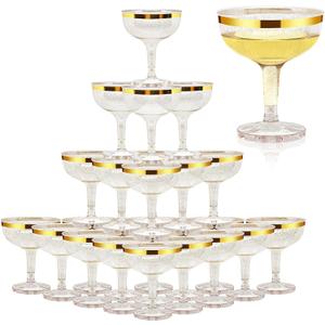 KYAPCK 50 Pcs Plastic Champagne Coupe Glasses for Parties, 5 oz Disposable Champagne Glasses Unbreakable Acrylic Martini Glasses (Gold)