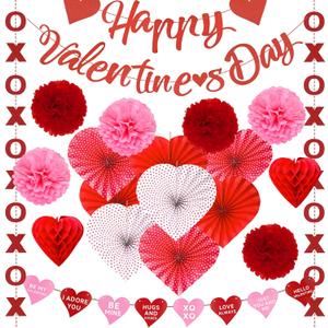 Meiduo 20Pcs Valentines Day Decorations Set - Happy Valentines Day Banner, Large Heart Paper Fans, XO Hanging Garlands, Red Pink Pom Poms & Honeycomb for Home Office Classroom Party Supplies