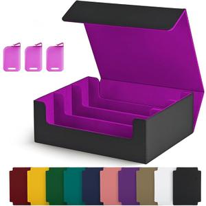 Trading Card Storage Box, Holds 1800 Sleeved Cards with 10 Dividers & 3 Stoppers, Magnetic Closure PU Leather Card Case for MTG, PTCG, YGO, Sports Cards (Black&Purple)