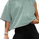 Carpetcom Oversized Workout Shirts for Women Short Sleeve Drop Shoulder Casual Crop Tops Baggy Gym Yoga Athletic Tee (Small, Light Gray Green)