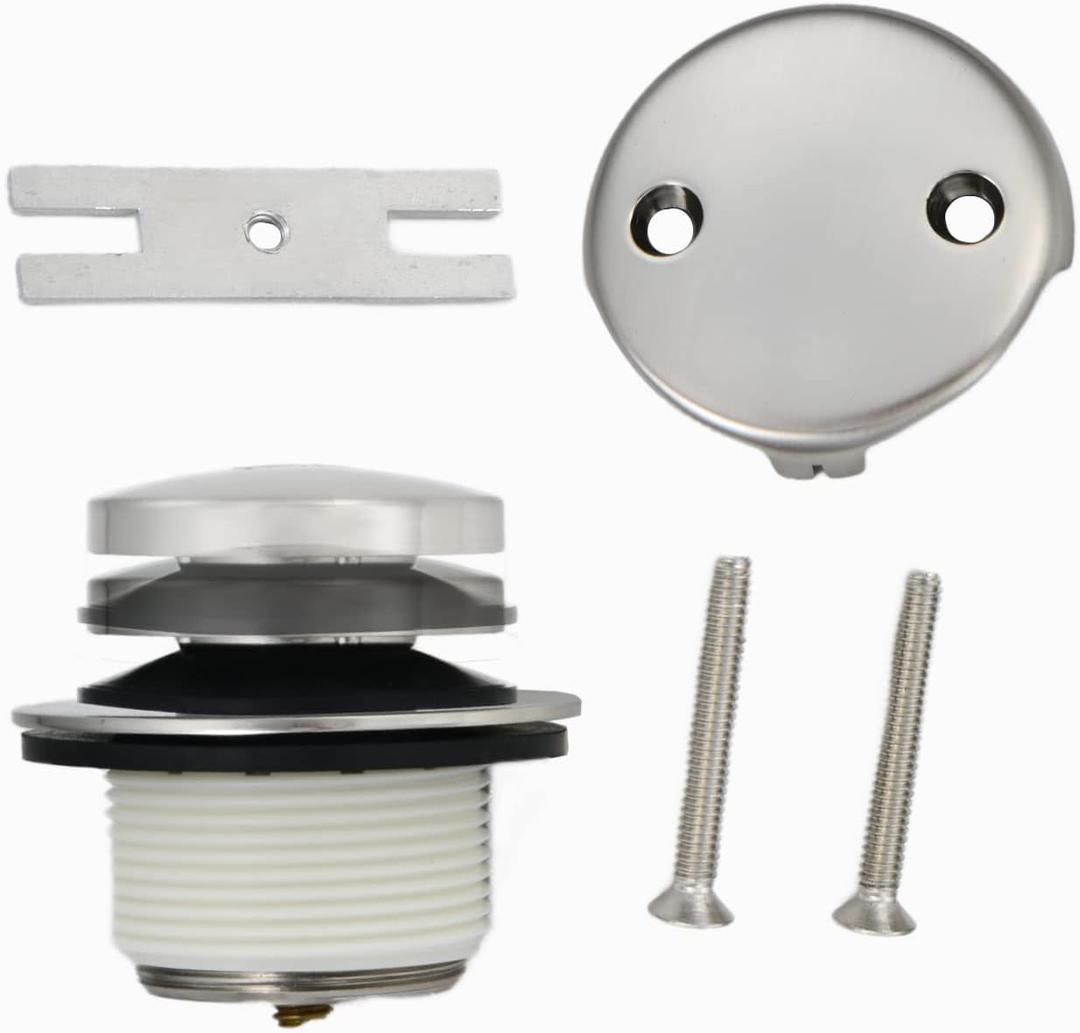 Tip-Toe Bath Tub Drain Trim Kit Set Assembly with Two-Hole Overflow Faceplate Stopper Plug Universal Fine Coarse Thread Screws Gasket Adapter for Bathroom Bathtub (Brushed Nickel)