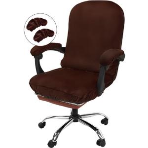 NeColorLife Velvet Office Chair Cover with Armrest Covers - Stretchable High Back Desk Computer Chair Slipcover for Large Rotating Boss Chairs (Large,Brown)