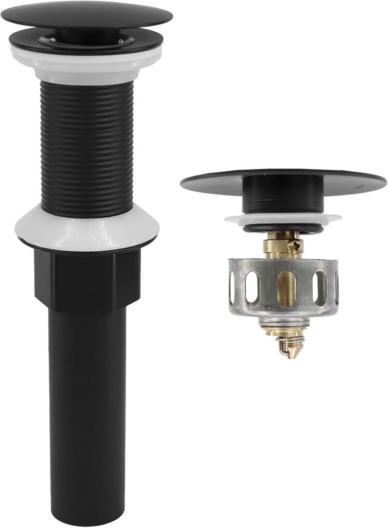 Bathroom Sink Drain,Drain Stopper Bathroom Sink Without Overflow,Pop Up Drain Assembly with Detachable Strainer Basket,Built-in Anti-Clogging, Stainless Steel Nut Mattle Black (Matte Black-big Cap)