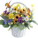 Eksen Artificial Flowers in Basket Vase with Lights, Faux Floral Arrangement for Table,Home Kitchen Centerpieces Party Decor