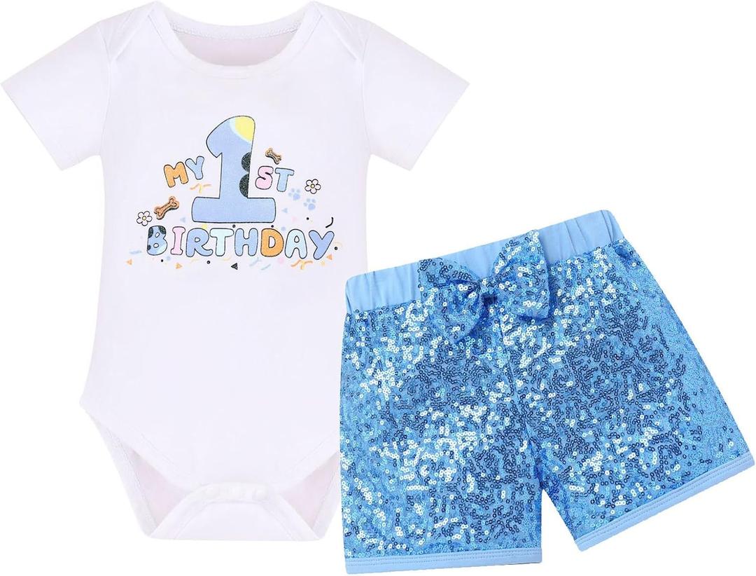 IMEKIS Baby Girl 1st Birthday Outfit Mouse Romper Sequin Shorts Headband Summer Cake Smash Photo Shoot (White)