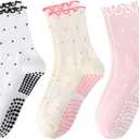 Pilates Grip Socks for Women, Ruffle Grippy Non Slip Cute Polka Dot Crew Socks for Workout Yoga Ballet Barre Dance