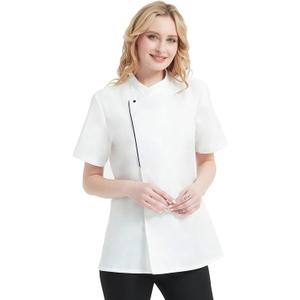 TopTie Women's Chef Coat Short Sleeve Chef Jacket (Large, White)