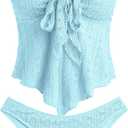ZAFUL Tankini Swimsuits for Women Tie Front Ruffles Lace Textured High Cut Strapless Two Piece Swimsuit (L, Baby Blue)