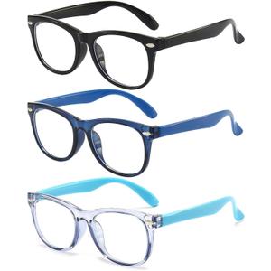 FANNYGO 3 Pack Kid Blue Light Glasses For Kids Girls Boys Computer Blue Light Kids Glasses Clear Glasses Age 3-9 (Black + Dark blue + Light blue)