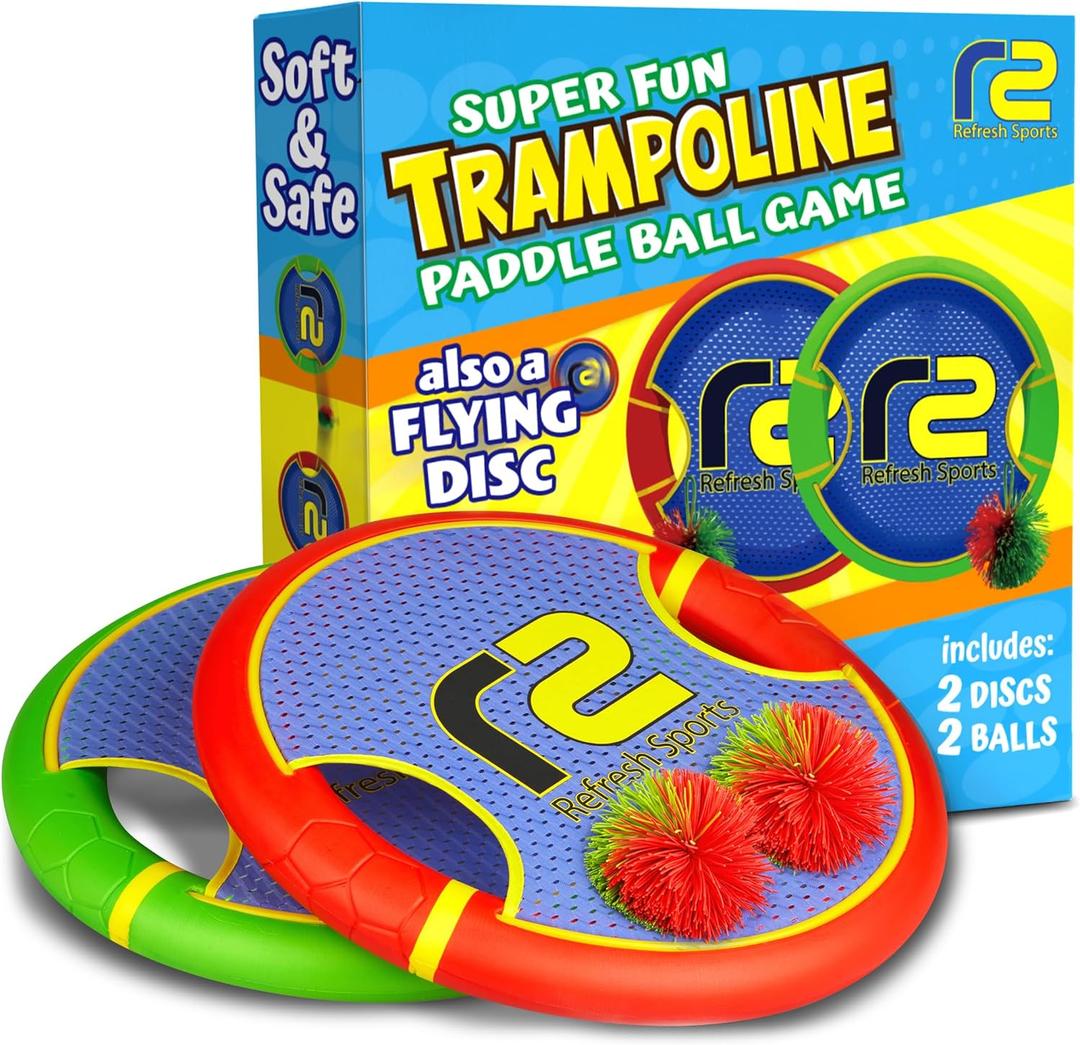 Fun Bouncy Paddle & Stringy Ball Toss & Catch Game - Easy to Use for Kids All Ages - Soft Foam Design for Safe Play Indoors or Outdoors - Also Works as Flying Disc - Great Gift Idea for Boys & Girls (Red & Green)