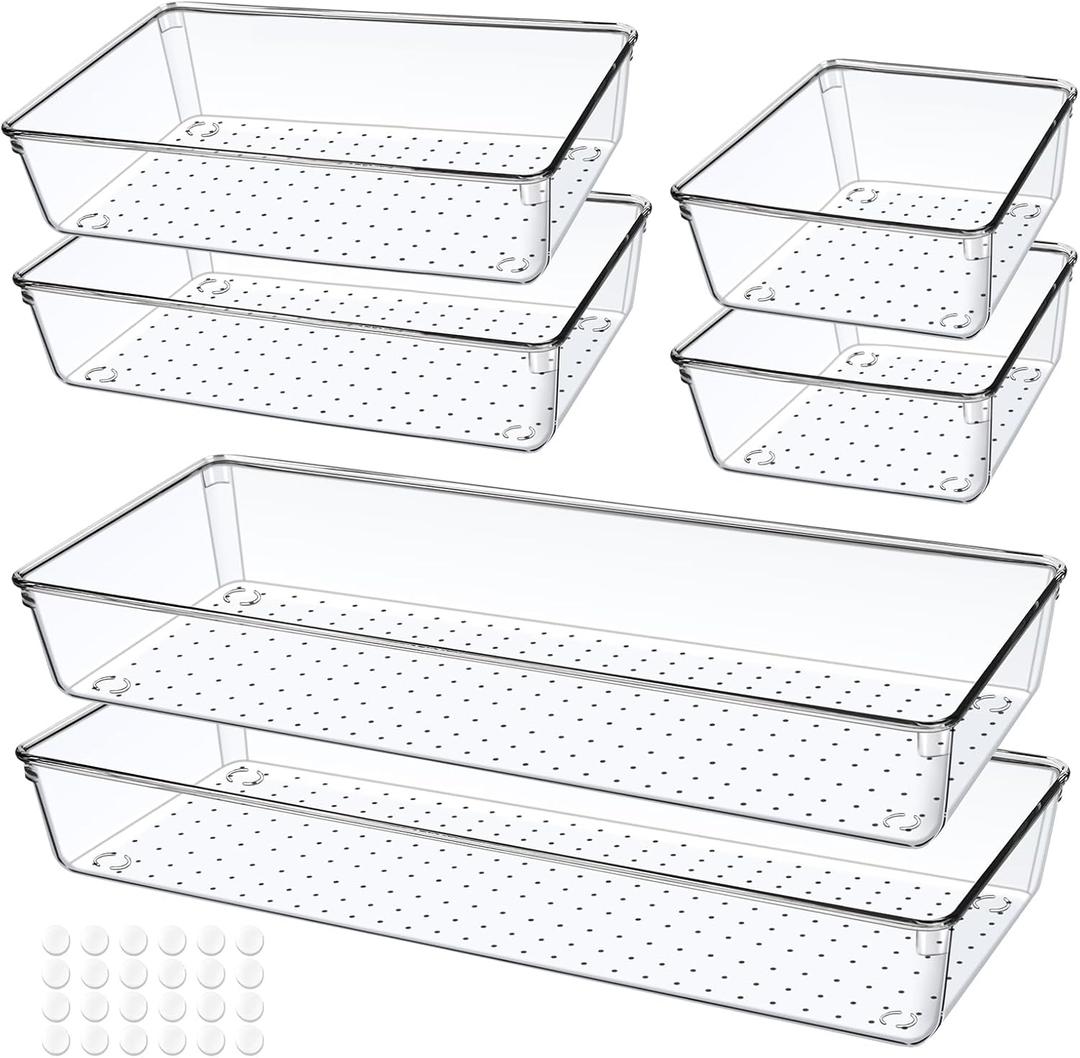 6 PCS Clear Plastic Drawer Organizer, Large 15" X 6" 3-Size Acrylic Stackable Kitchen Drawer Storage Tray, Bathroom Drawer Organizer Trays, Storage bins for Cosmetics Bathroom Kitchen Office (15''+9''+6'' (6 Pack))