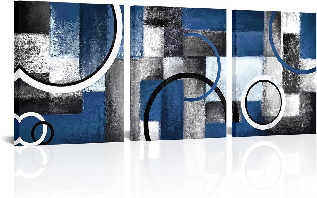 Visual Art Decor Blue and Grey Abstract Geometric Circle Canvas Wall Art Room Decor Picture Framed Artwork for Living Room Bedroom Wall Decoration Ready to Hang (Blue)