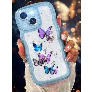Likiyami for iPhone 14 Case 6.1 Inch - Wave Frame Design Women Girls Cute Cover Glitter Bling Butterfly with Clear Soft Silicone Fashion Girly Unique Teens Shockproof Phone Case for iPhone 14, Blue