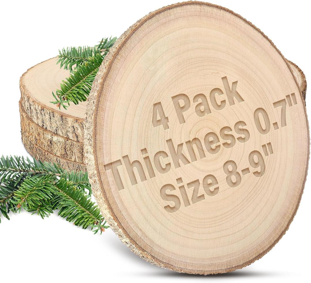 4pcs Wood Slices for Centerpieces 8-9inchs-Christmas Rustic Wood Circles Wedding Table Decor-Unfinished Baby Shower Wood Rounds for DIY Crafts