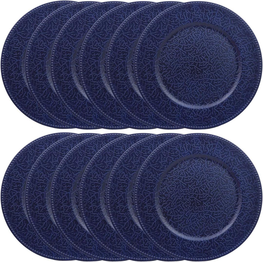 Navy Blue Chargers for Dinner Plates with Beaded Rims, Set of 12 Plastic Bulk Wedding Charger Plates for Thanksgiving, Christmas, Holiday Party Table Setting.