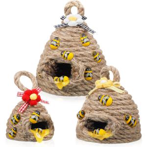Jutom 3 Pieces Bee Hive Decor Honey Bee Tiered Tray Decor Summer Spring Honeycomb Decorations Mini Jute Beehive Farmhouse Kitchen Decoration for Table Shelf Sitter Home Coffee Bar Themed Party