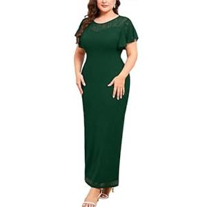 ZOMVA Plus Size Elegant Dress Leaf Lace Short Ruffle Sleeve Crew Neck Fitted Maxi Dresses Wedding Guest Cocktail Casual, Dark Green, 1X