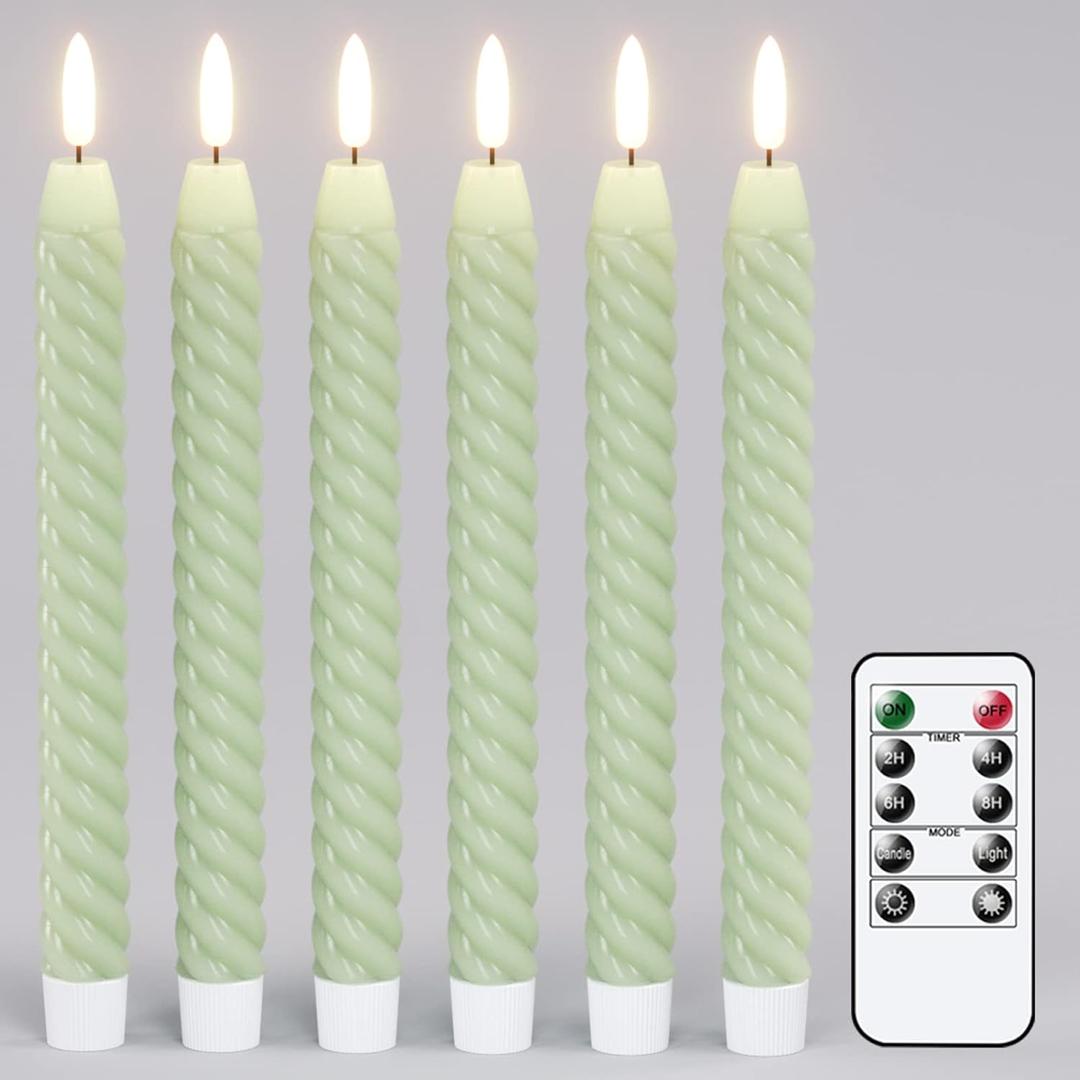 Flameless Taper Candles Green Pastel Flickering with Remote Timer, Battery Operated Warm 3D Wick LED Spiral Candles 6 Pack 9.8" Real Wax Wedding Home Birthday Spring Decor