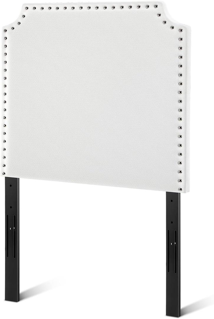 Colingmill Twin Size Contoured Headboard with Studded Upholstery with Dual Hanging Options 32 Inch Headboard with Nailtrim in White Fabric for College Dorm Room