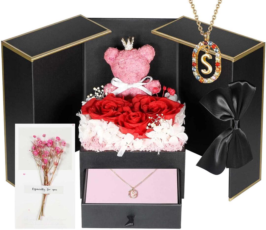 Cute Preserved Real Roses Bear Gift Box for Girlfriend with Initial Necklace S, Unique Birthday Gift for Mom, Her, Grandma, Anniversary Presents for Wife Women Cute Preserved Real Roses Bear Gift Box for Girlfriend with Initial Necklace S, Unique Birthday Gift for Mom, Her, Grandma, Anniversary Presents for Wife Women