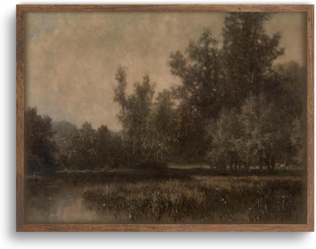 YSDPIC Vintage Forest Landscape Wall Art with Dark Wood Frame 16x24 Inch Rustic Tree and Lake Painting, Curated Canvas Picture for Living Room, Study, Farmhouse, or Gift for Nature Lovers