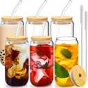 16 Oz Drinking Glasses with Bamboo Lids and Glass Straw - 6 Pcs Glass Cups Beer Ice Coffee Glasses Cute Aesthetic Cup Great for Coffee Bar Accessories Include 2 Cleaning Brushes