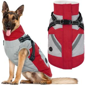IECOii Dog Coat for Large Dogs Waterproof Dog Winter Jacket with Harness Built in, Red - XXLarge, Thermal Warm Fleece Lined, Reflective Dogs Jackets for Cold Weather Camping, Hiking, Pitbull (2XL)
